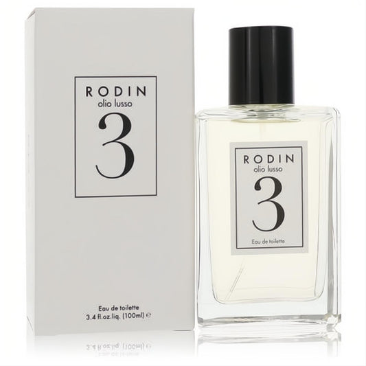 Discover Rodin Olio Lusso 3 unisex 3.4 oz eau de toilette. Sleek clear glass bottle with minimalist white label, presented with its matching box.