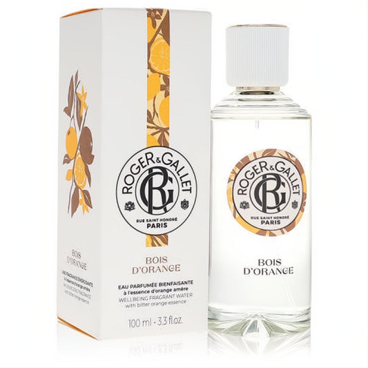 Roger & Gallet Bois D'orange 3.3 oz unisex fragrance: clear bottle, white cap, and elegant box with vibrant orange botanical art.