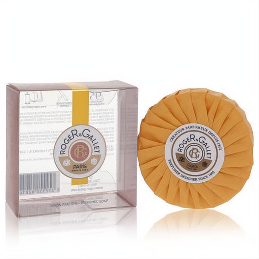 Invigorating Roger & Gallet Bois D'orange 3.5 oz round perfumed soap, wrapped in bright orange, with its clear branded box.**