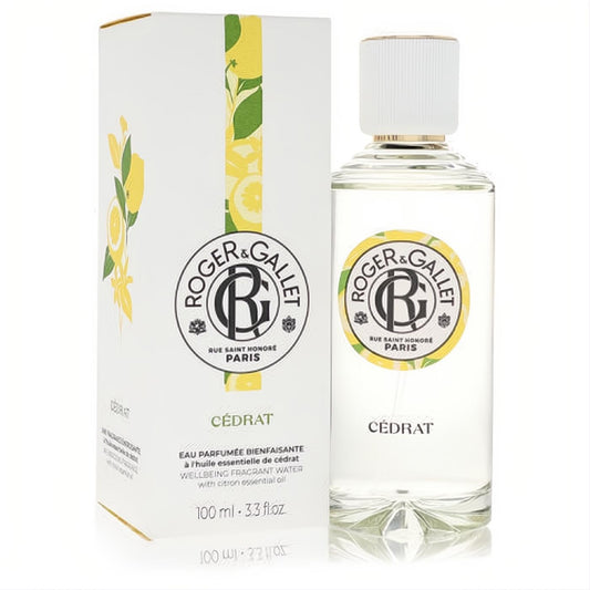 Roger & Gallet Cedrat Citron 3.3 oz unisex fragrant water spray. Clear bottle, elegant white box with vibrant lemon & leaf design.