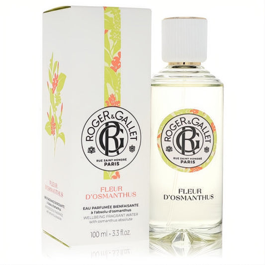 Roger & Gallet Fleur D'Osmanthus 3.3 oz unisex fragrance spray in a clear bottle with a white cap and vibrant floral design.