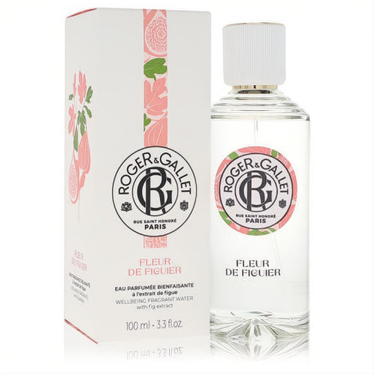Roger & Gallet Fleur De Figuier 3.3 oz fragrant water spray. Elegant clear glass bottle with white cap and matching fig-illustrated box.