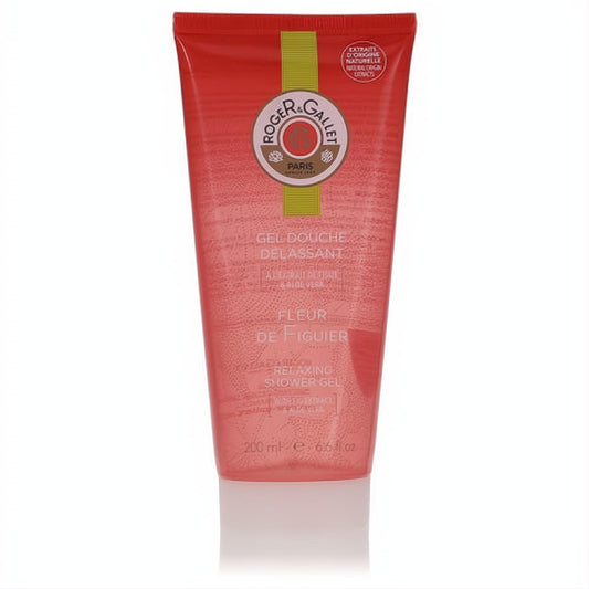 Roger & Gallet Fleur De Figuier Relaxing Shower Gel in a vibrant coral-pink 6.6 oz tube with elegant green label.