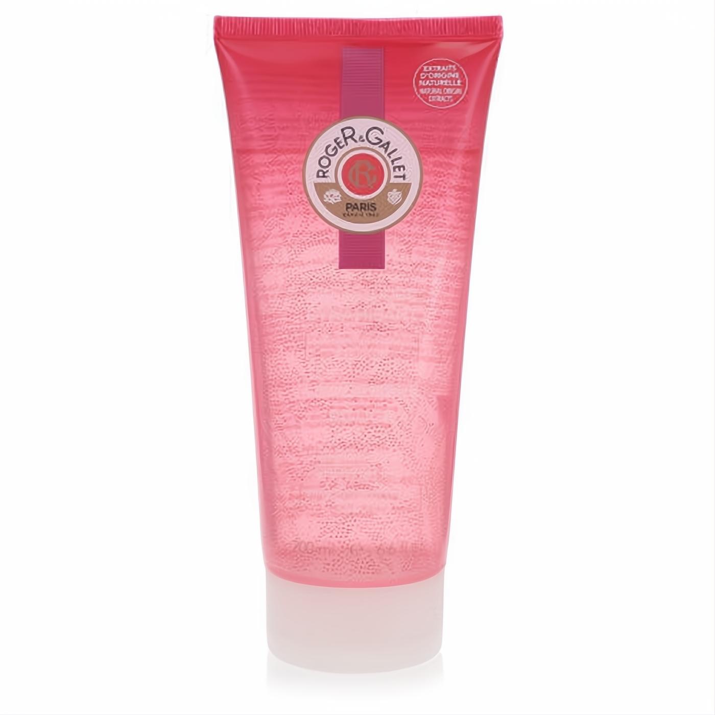 Roger & Gallet Gingembre Rouge Energising Shower Gel in a vibrant pink translucent tube with classic branding.