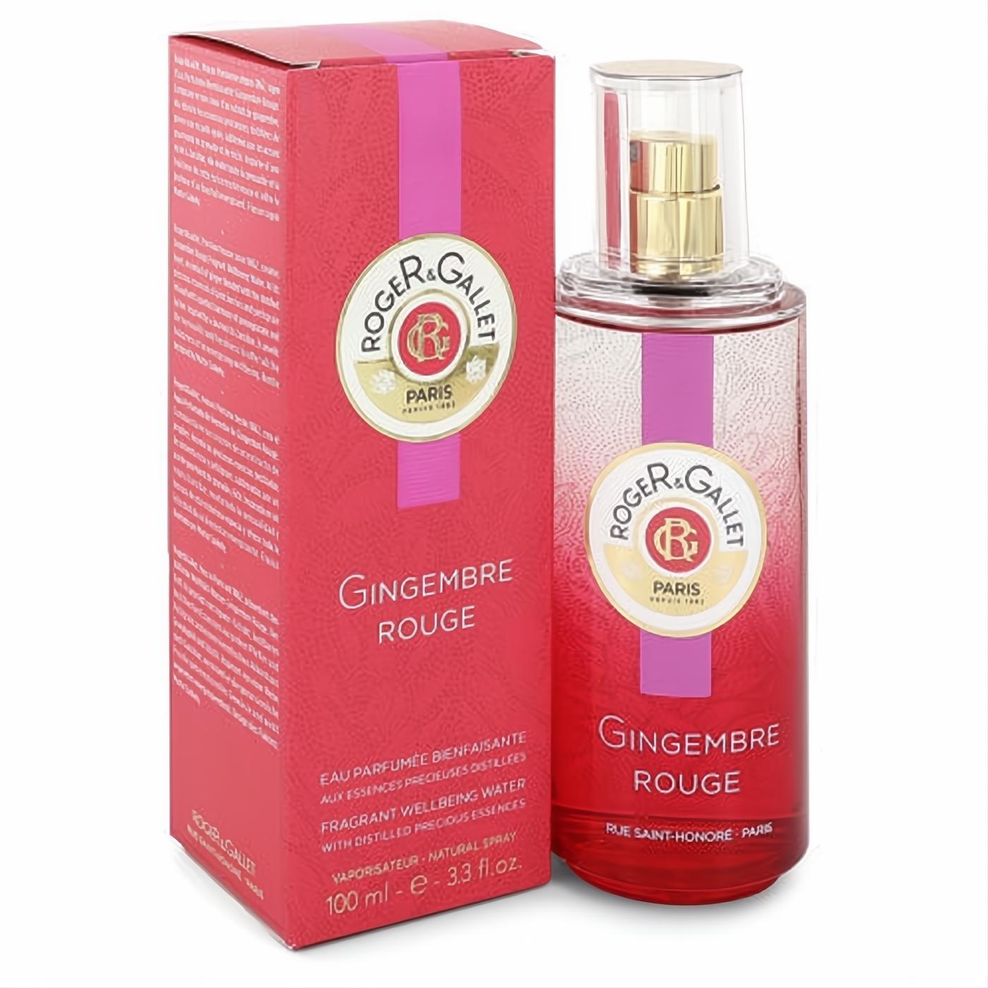 Vibrant Roger & Gallet Gingembre Rouge 3.3 oz wellbeing water spray in a sleek clear bottle with gold accents, beside its elegant red and pink box.