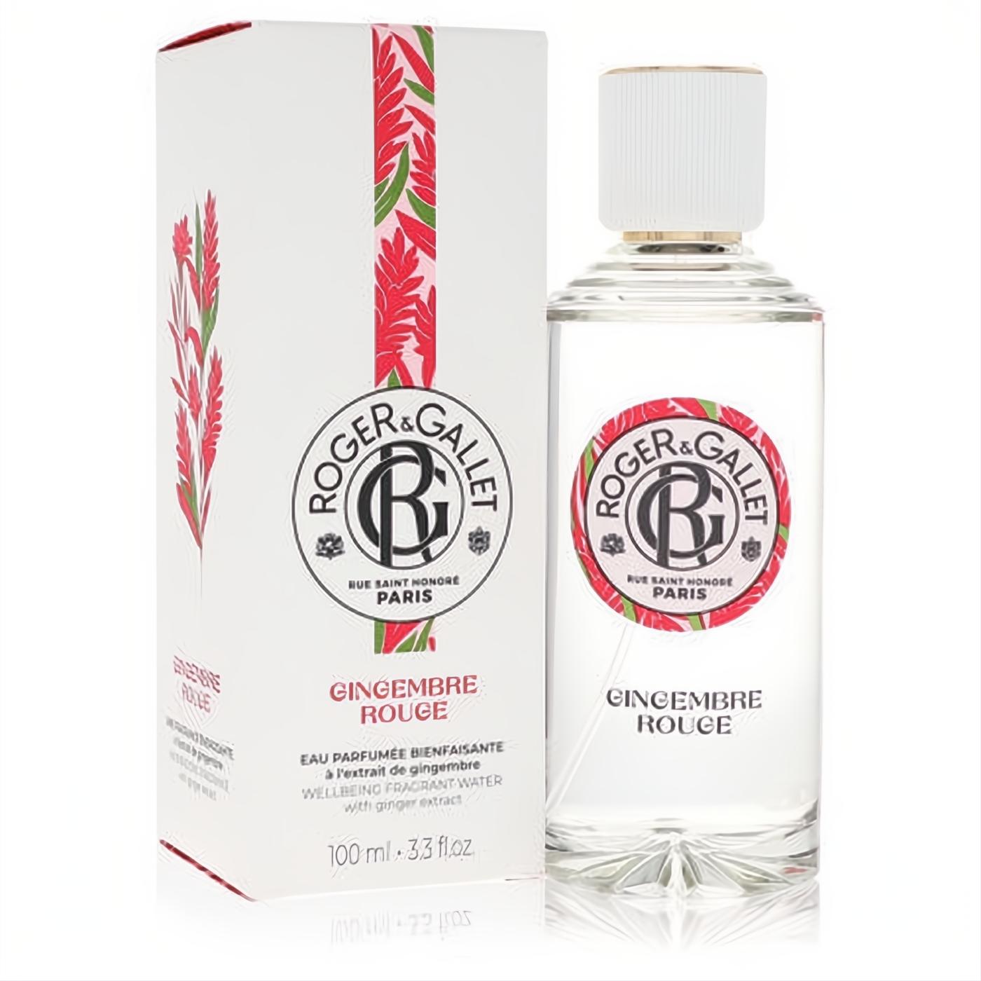 Roger & Gallet Gingembre Rouge 3.3 oz fragrant water spray. Clear glass bottle, white & gold cap, and white box with red ginger art.