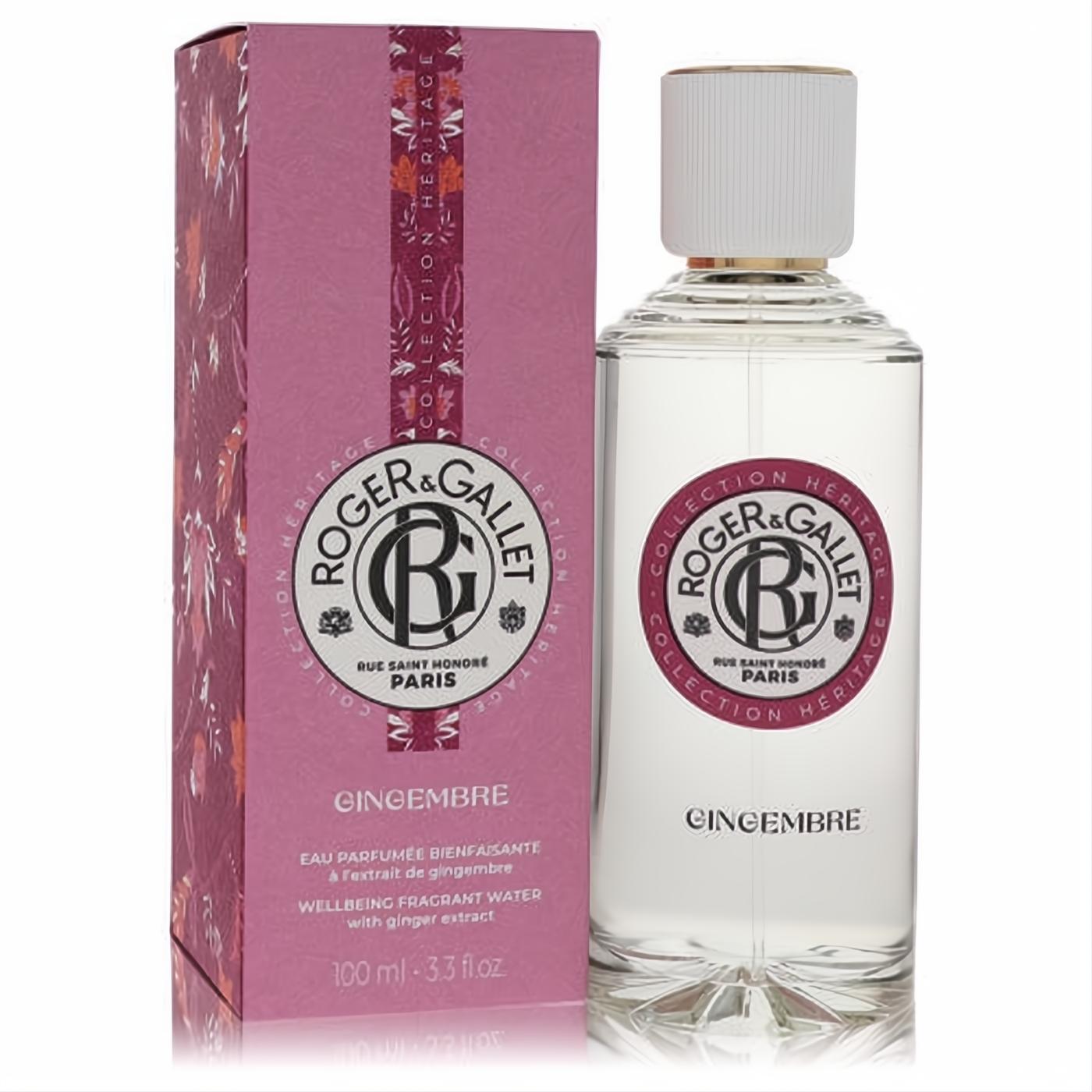 Roger & Gallet Ginger 3.3 oz women's fragrant water: clear glass bottle with white cap and elegant pink heritage box.
