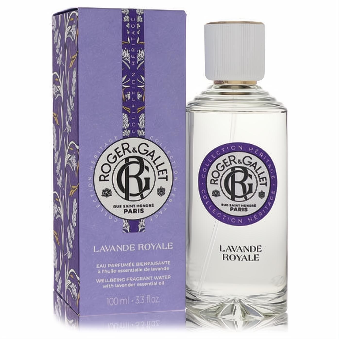 Roger & Gallet Lavande Royale 3.3 oz unisex Eau Fraiche spray. Clear glass bottle with white cap, elegant purple lavender box.