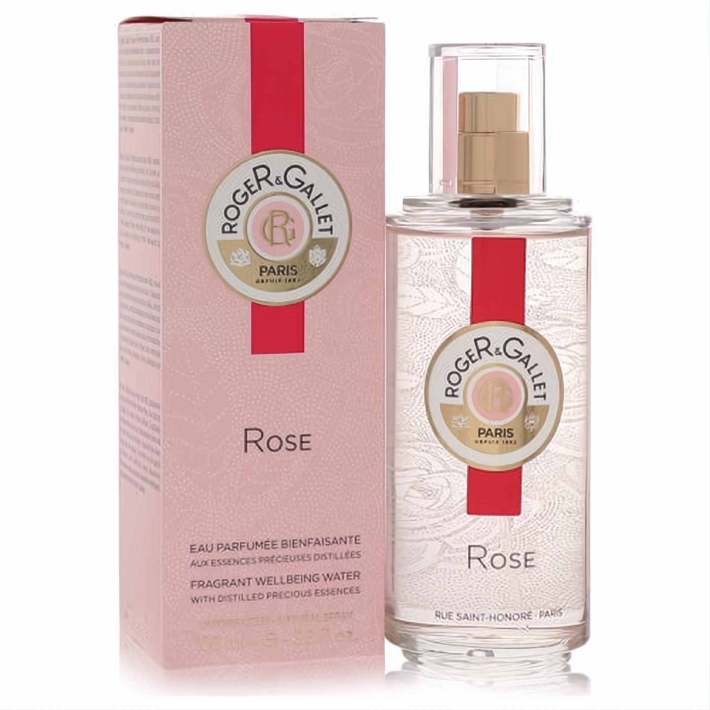 Roger & Gallet Rose 3.3 oz Fragrant Wellbeing Water Spray. Clear glass bottle with gold sprayer, red label, and elegant pink box.