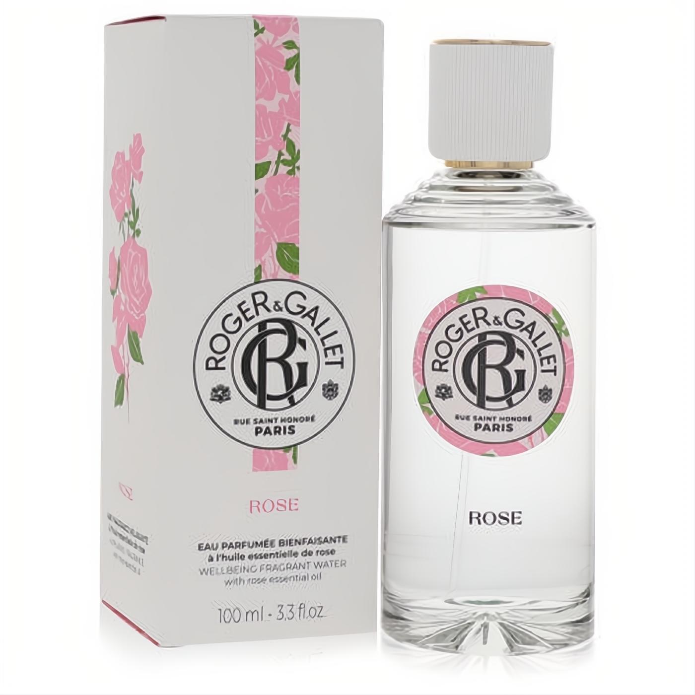 Elegant Roger & Gallet Rose 3.3 oz fragrant water in clear glass bottle with white cap, next to its beautiful pink rose-adorned box.