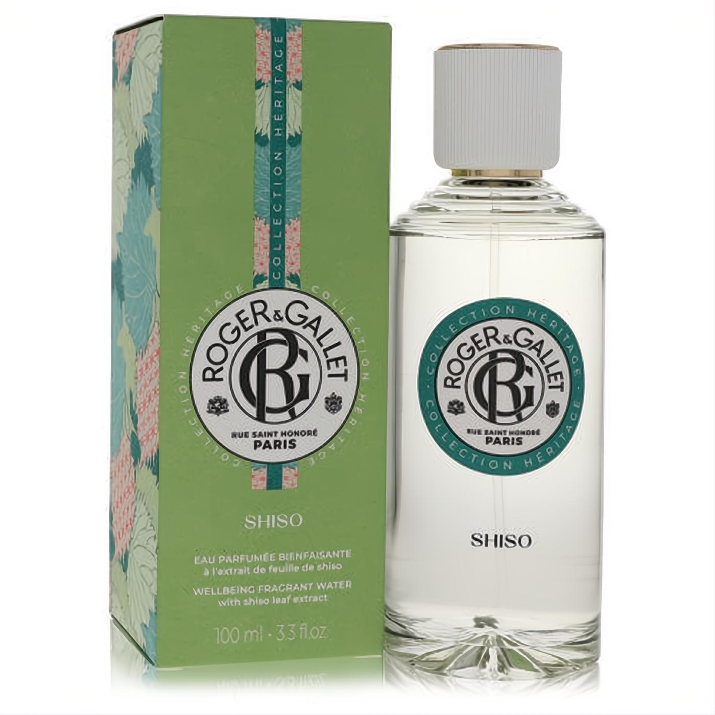 Roger & Gallet Shiso 3.3 oz Wellbeing Fragrance Water. Clear glass bottle, white cap, vibrant green leaf box.