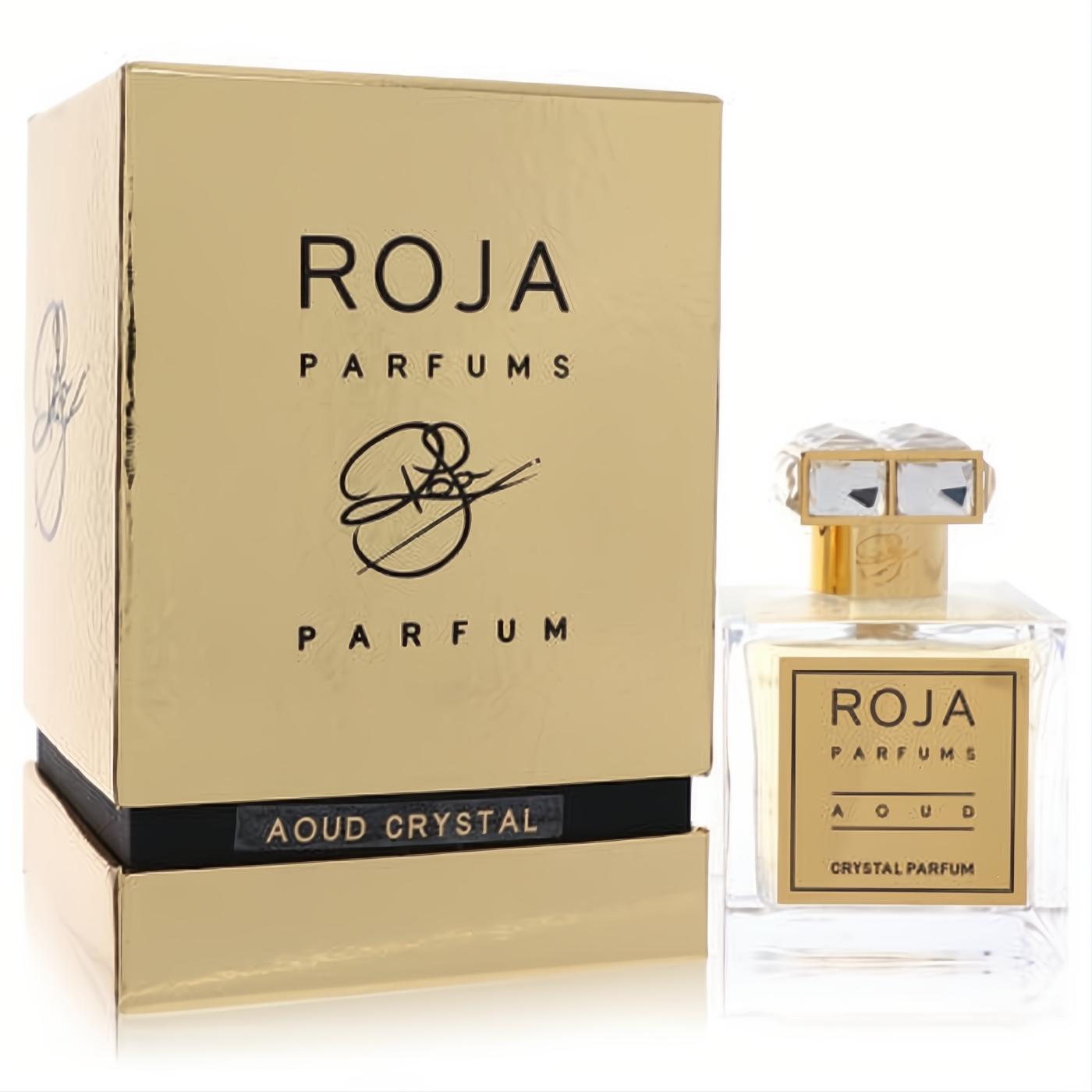 Elegant Roja Parfums Aoud Crystal 3.4 oz unisex extrait de parfum in a clear bottle with a faceted crystal cap and gold box.