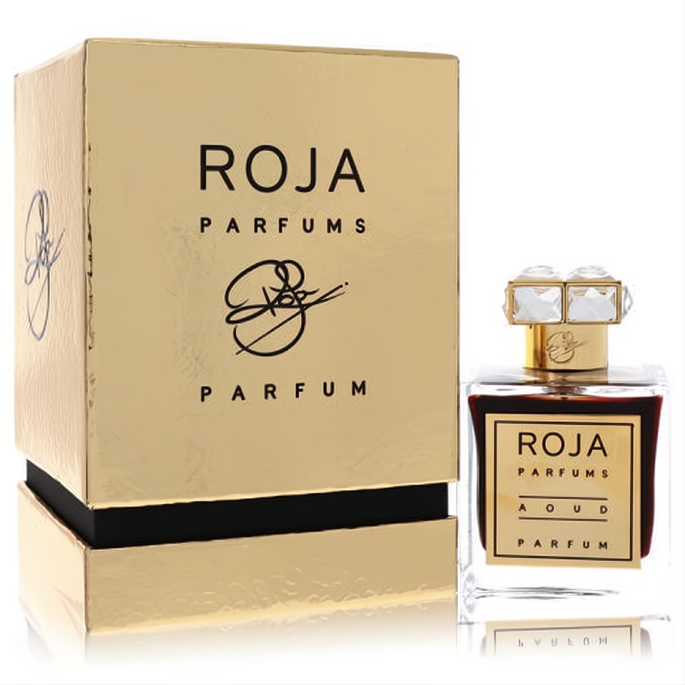 Experience Roja Aoud 3.4 oz unisex parfum. Features a stunning crystal-capped bottle with rich dark liquid and a lavish gold box.