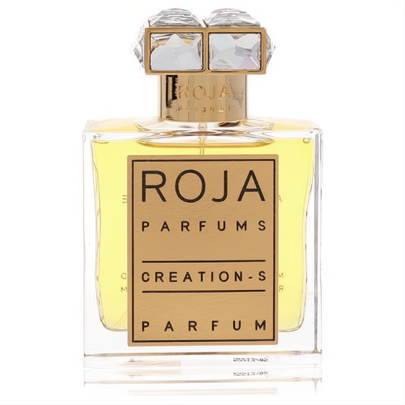 Exquisite Roja Creation-S Extrait De Parfum. Clear glass bottle, radiant golden liquid, and a luxurious gold & crystal cap.