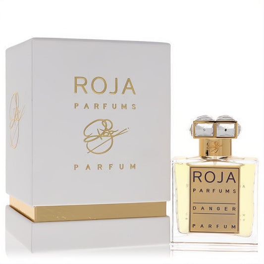 Luxurious Roja Danger 1.7 oz women's perfume: clear bottle, jeweled gold cap, and elegant white & gold box.