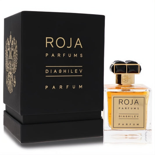 Roja Diaghilev 3.4 oz unisex parfum: clear bottle with amber liquid, gold label, black faceted cap, and elegant black box.