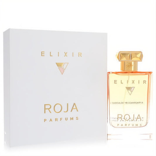 Luxurious Roja Elixir Essence De Parfum bottle with amber liquid, gold cap, and elegant white box with gold accents.