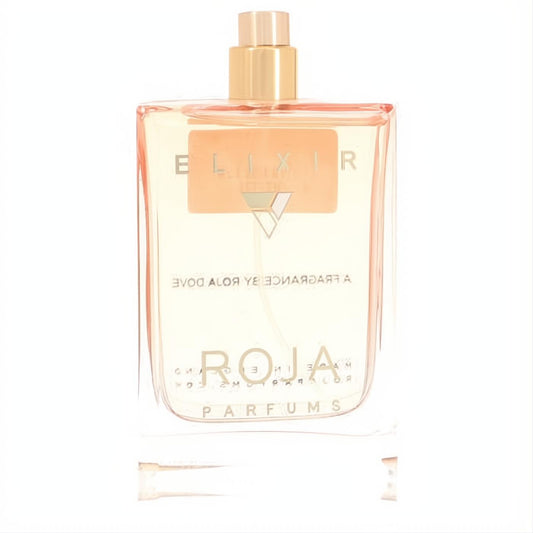 Luxurious Roja Elixir 3.4 oz fragrance bottle: clear glass, peach liquid, elegant gold cap.