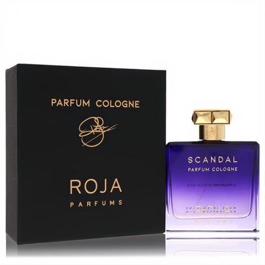 Luxurious Roja Scandal Parfum Cologne. Elegant black box, gold accents. Purple gradient glass bottle with gold cap.