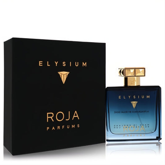 Roja Elysium Pour Homme Extrait De Parfum: luxurious black box, blue gradient glass bottle, and gold cap.