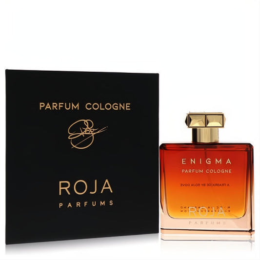 Luxurious Roja Enigma 3.4 oz men's fragrance. Striking red-orange ombre glass bottle with gold cap and elegant black & gold box.