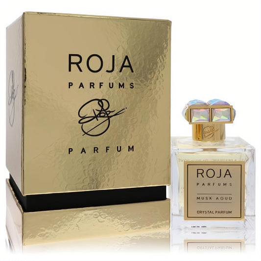 Experience luxury: Roja Musk Aoud Crystal 3.4 oz unisex parfum. Elegant clear bottle, gold label, and dazzling iridescent crystal cap.