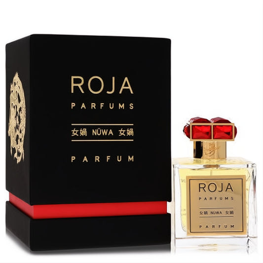 Roja NuWa 3.4 oz perfume: Clear bottle, gold label, striking red jewel cap, and elegant black box with gold accents.