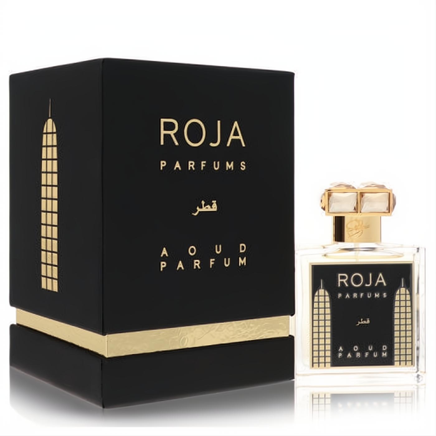 Roja Qatar 1.7 oz unisex Extrait De Parfum. Elegant clear bottle with gold skyscraper design, black-gold box, and jeweled cap.