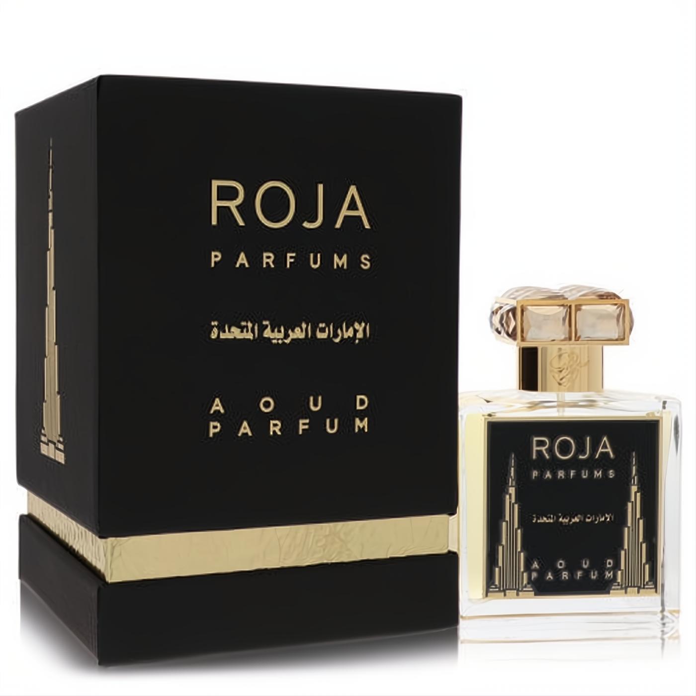 Exquisite Roja United Arab Emirates Extrait De Parfum. Black and gold box, clear glass bottle with stunning skyscraper design.