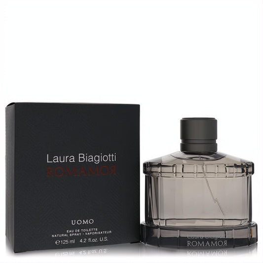 Sophisticated Romamor Uomo by Laura Biagiotti 4.2 oz EDT. Dark gray ribbed glass bottle and matching elegant black box.