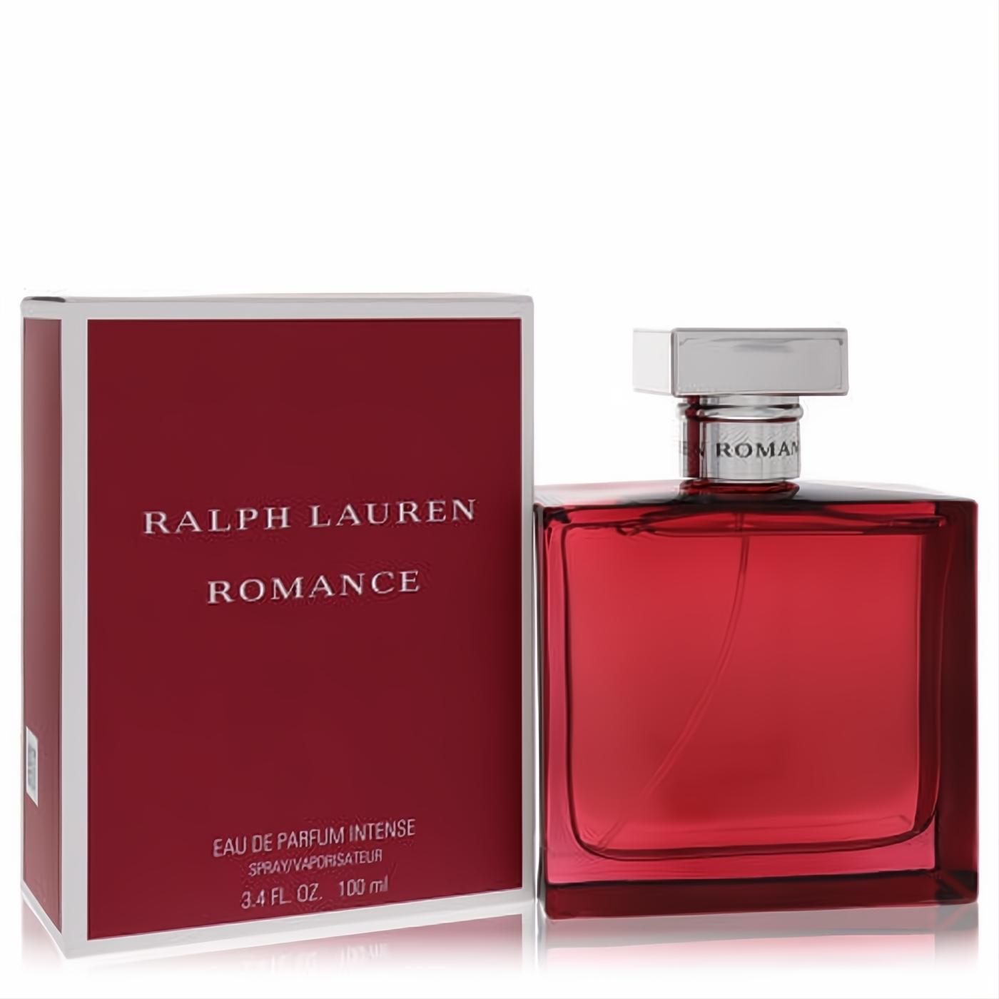 Ralph Lauren Romance Intense 3.4 oz Eau De Parfum. Captivating red glass bottle with sleek silver cap and elegant matching box.