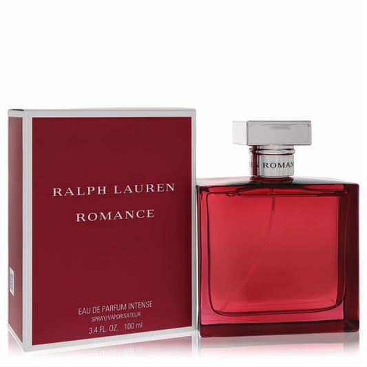 Ralph Lauren Romance Intense 3.4 oz Eau De Parfum. Captivating red glass bottle with sleek silver cap and elegant matching box.