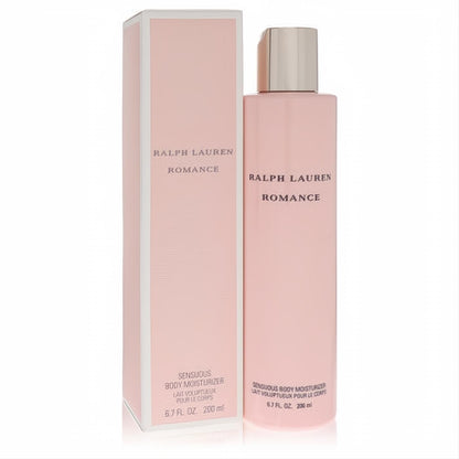 Ralph Lauren Romance 6.7 oz body lotion. Luxurious pale pink bottle with silver cap and matching box for refined hydration.