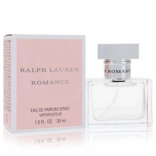 Elegant Ralph Lauren Romance 1 oz Eau de Parfum. Clear glass bottle, silver cap, and chic pink box.