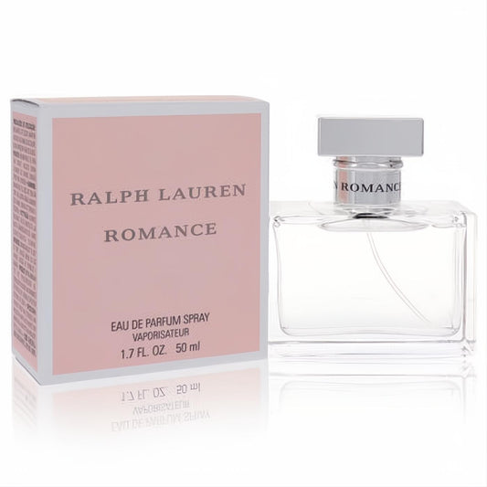 Ralph Lauren Romance Eau De Parfum 1.7 oz spray. Clear glass bottle with sleek silver cap and elegant pink box.