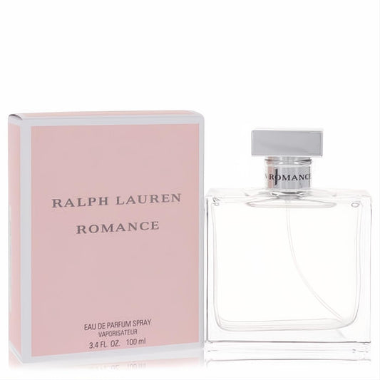 Discover Ralph Lauren Romance 3.4 oz EDP. Sleek clear bottle with silver cap, presented with its elegant pink box.