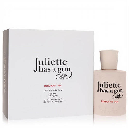 Juliette Has A Gun Romantina 1.7 oz EDP. Elegant light pink bottle, white cap, and minimalist white box.