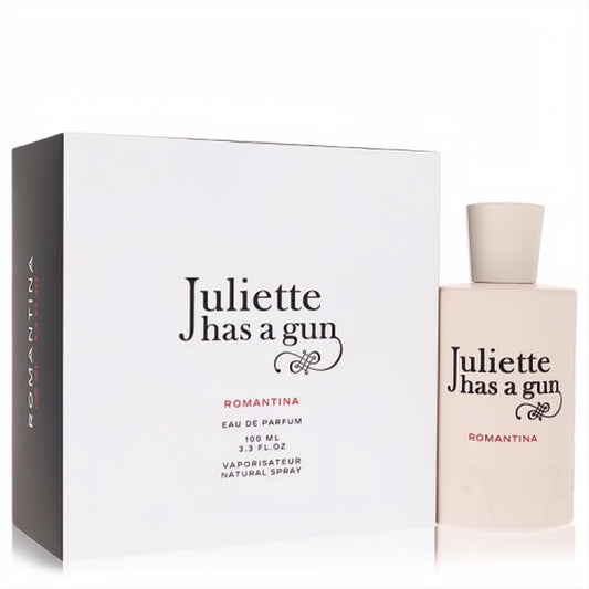 Elegant Juliette Has A Gun Romantina 3.3 oz Eau De Parfum. White box and chic light pink bottle for women.