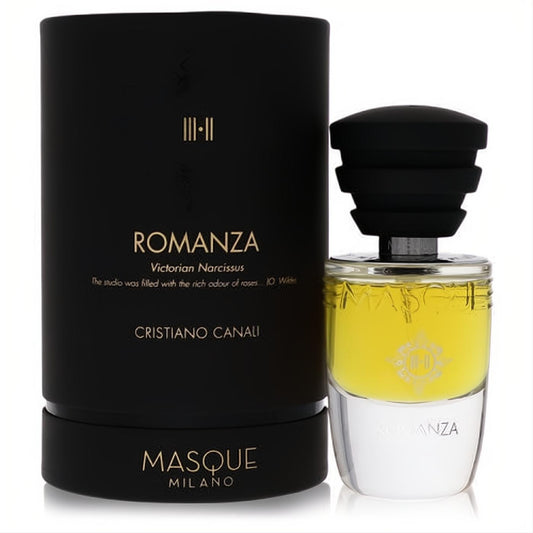 Elegant Masque Milano Romanza 1.18 oz unisex perfume with bright yellow liquid, unique tiered black cap, and sophisticated black box.