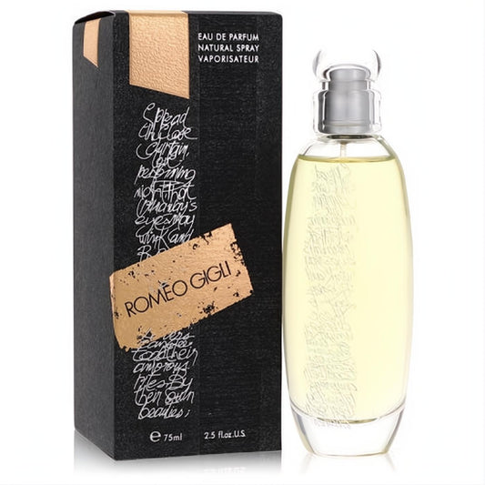 Romeo Gigli Profumi 2.5 oz Eau De Parfum. Clear bottle with light yellow fragrance, silver cap, and artistic black & gold box.