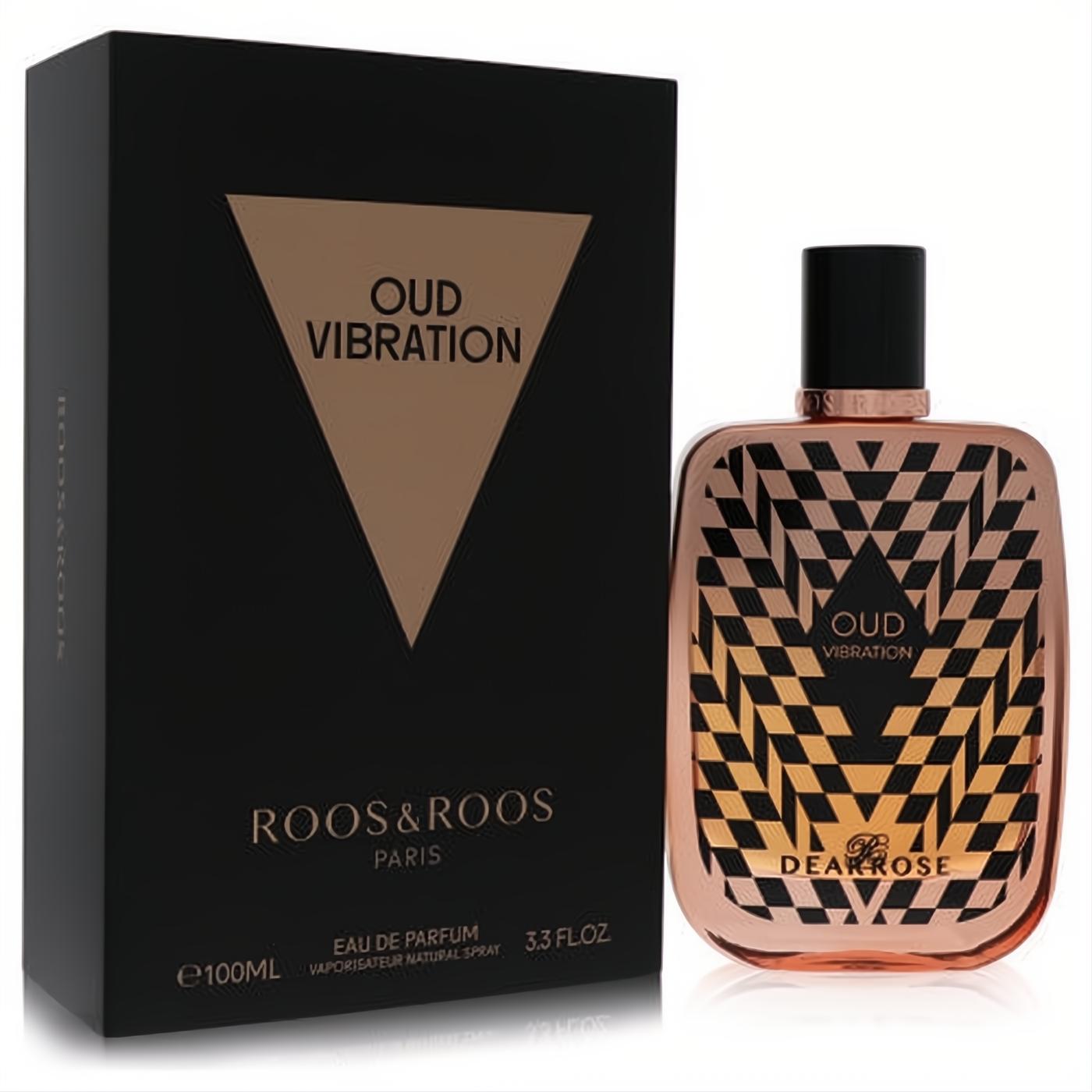 Roos & Roos Oud Vibration 3.3 oz EDP. Elegant rose gold bottle with geometric black & gold pattern, beside a sleek matte black box.