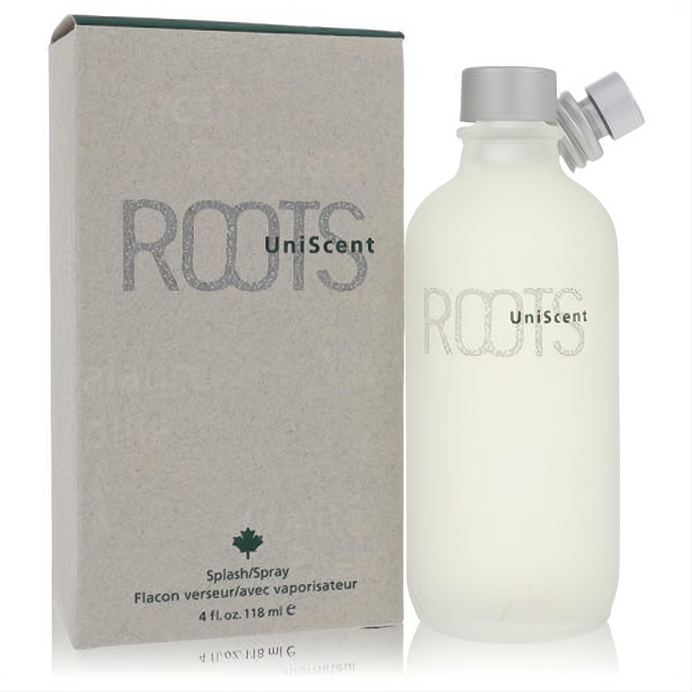 Roots by Coty UniScent 4 oz men's EDT spray. Frosted white bottle with unique silver atomizer and textured grey box.