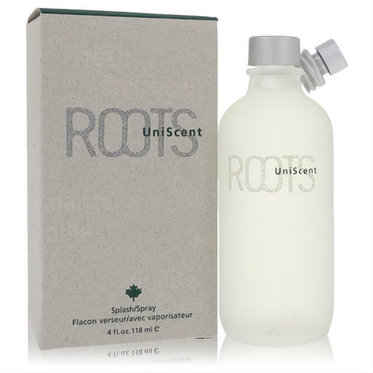 Roots by Coty UniScent 4 oz men's EDT spray. Frosted white bottle with unique silver atomizer and textured grey box.