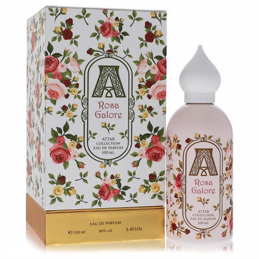Mesmerizing Rosa Galore Attar Collection 3.4 oz women's EDP. Pink floral bottle, elegant white cap, and matching rose-patterned box.