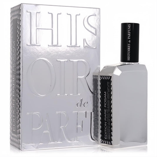 Discover Rosam by Histoires De Parfums 2 oz EDP. A sleek silver bottle and embossed metallic box exude sophisticated luxury.