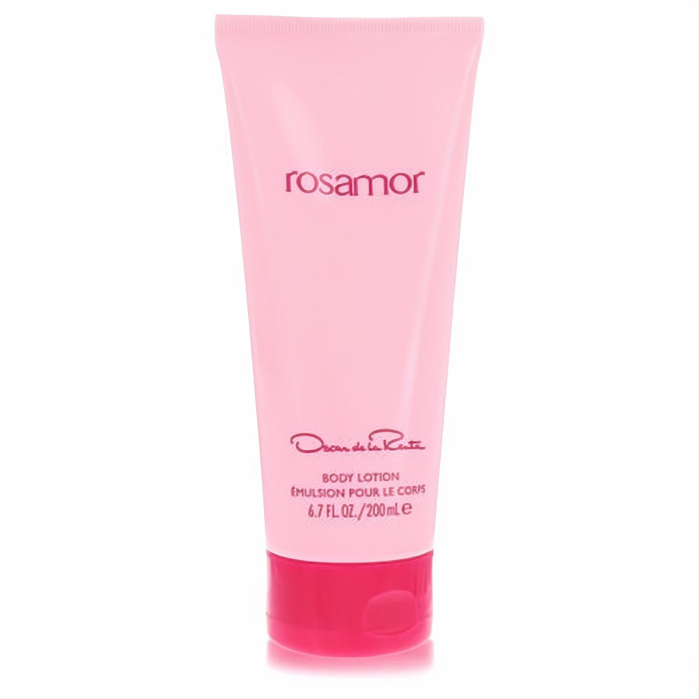 Rosamor by Oscar De La Renta 6.7 fl oz body lotion. Elegant soft pink tube with a vibrant pink cap for luxurious hydration.