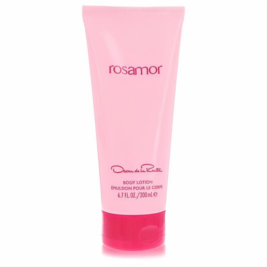 Rosamor by Oscar De La Renta 6.7 fl oz body lotion. Elegant soft pink tube with a vibrant pink cap for luxurious hydration.