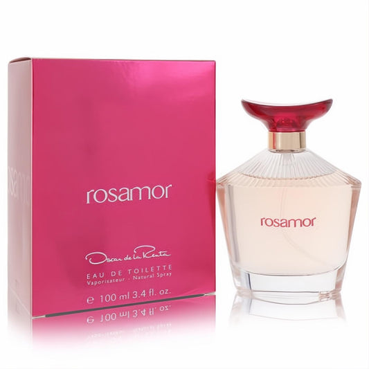 Rosamor by Oscar De La Renta 3.4 oz EDT. Vibrant pink box and elegant faceted glass bottle with a distinctive red cap.