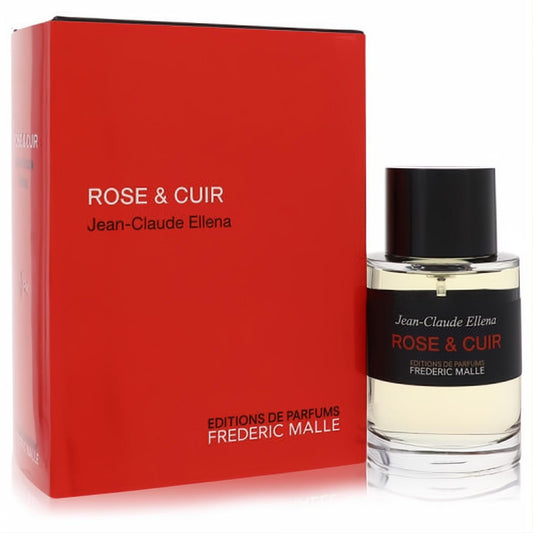 Elegant Frederic Malle Rose & Cuir 3.4 oz unisex EDP spray in a clear glass bottle with a sleek black cap and vibrant red box.
