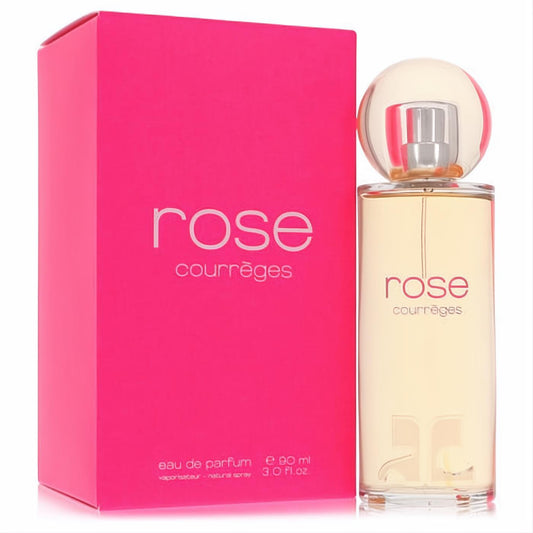 Rose De Courreges 3 oz women's eau de parfum. Chic clear glass bottle with amber liquid, spherical cap, and vibrant pink box.